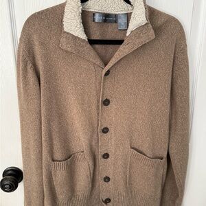 Oscar de la Renta Men’s Tan-Brown Shawl Collar Button 100% Cotton Cardigan